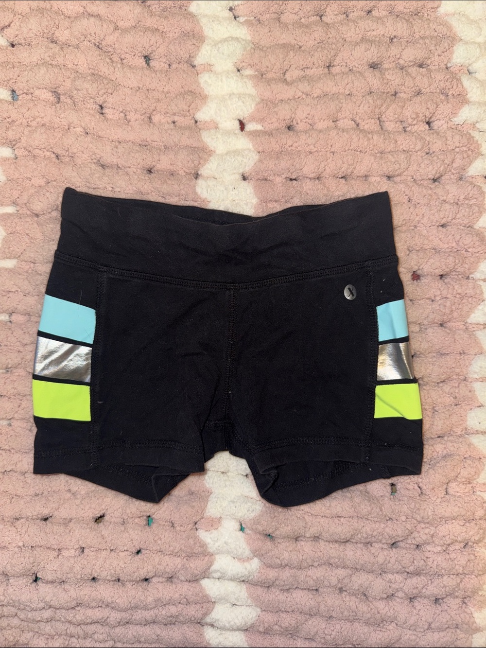 Xersion Black Shorts with Light Blue and Neon Yellow Stripes